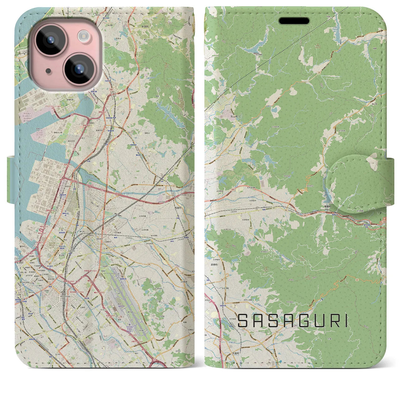 【篠栗(福岡県)】地図柄iPhoneケース(手帳タイプ)ナチュラル・iPhone 15 Plus 用