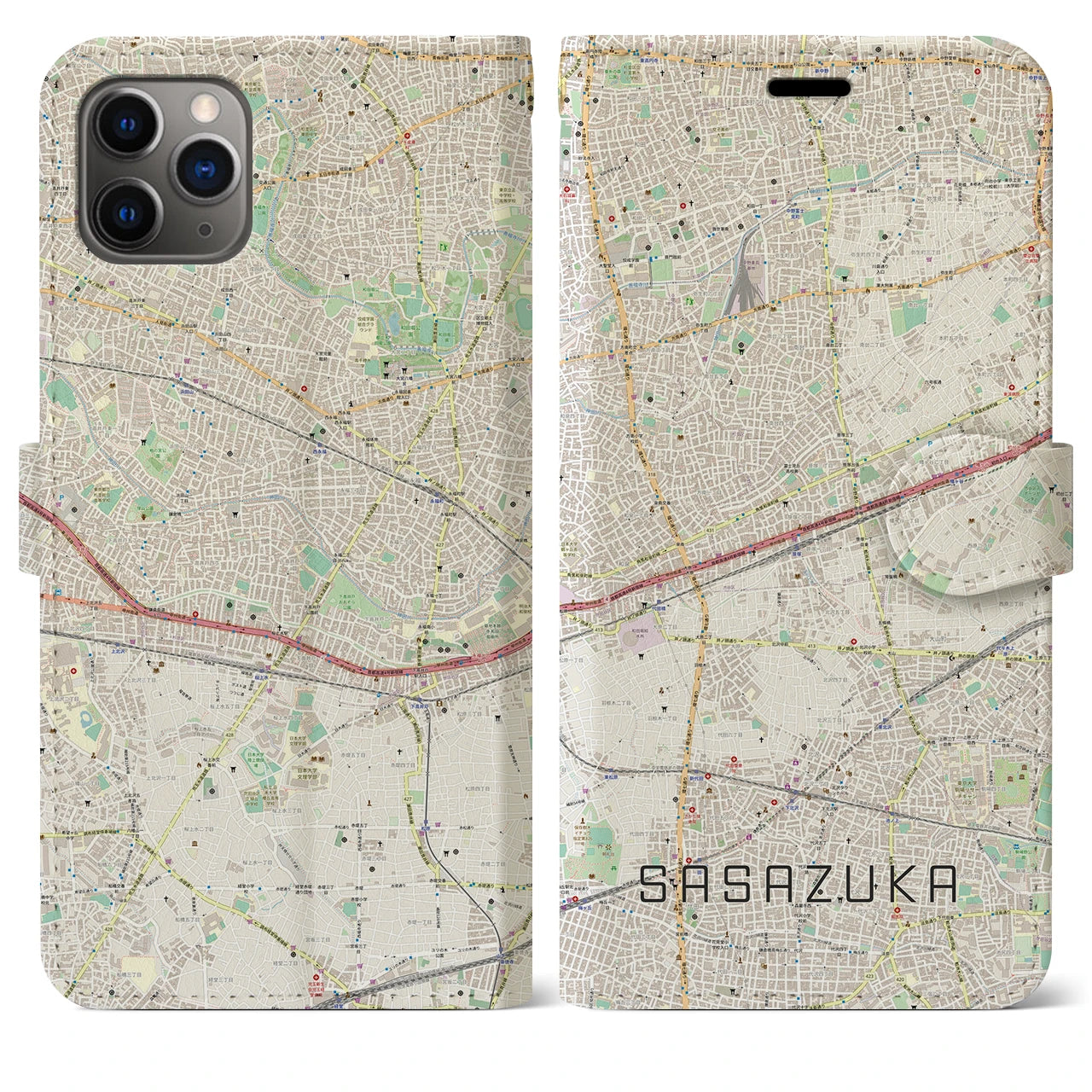【笹塚(東京都)】地図柄iPhoneケース(手帳タイプ)ナチュラル・iPhone 11 Pro Max 用