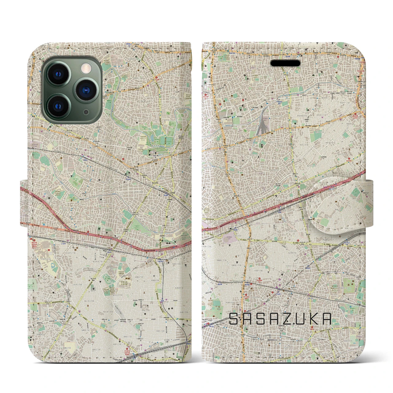 【笹塚(東京都)】地図柄iPhoneケース(手帳タイプ)ナチュラル・iPhone 11 Pro 用