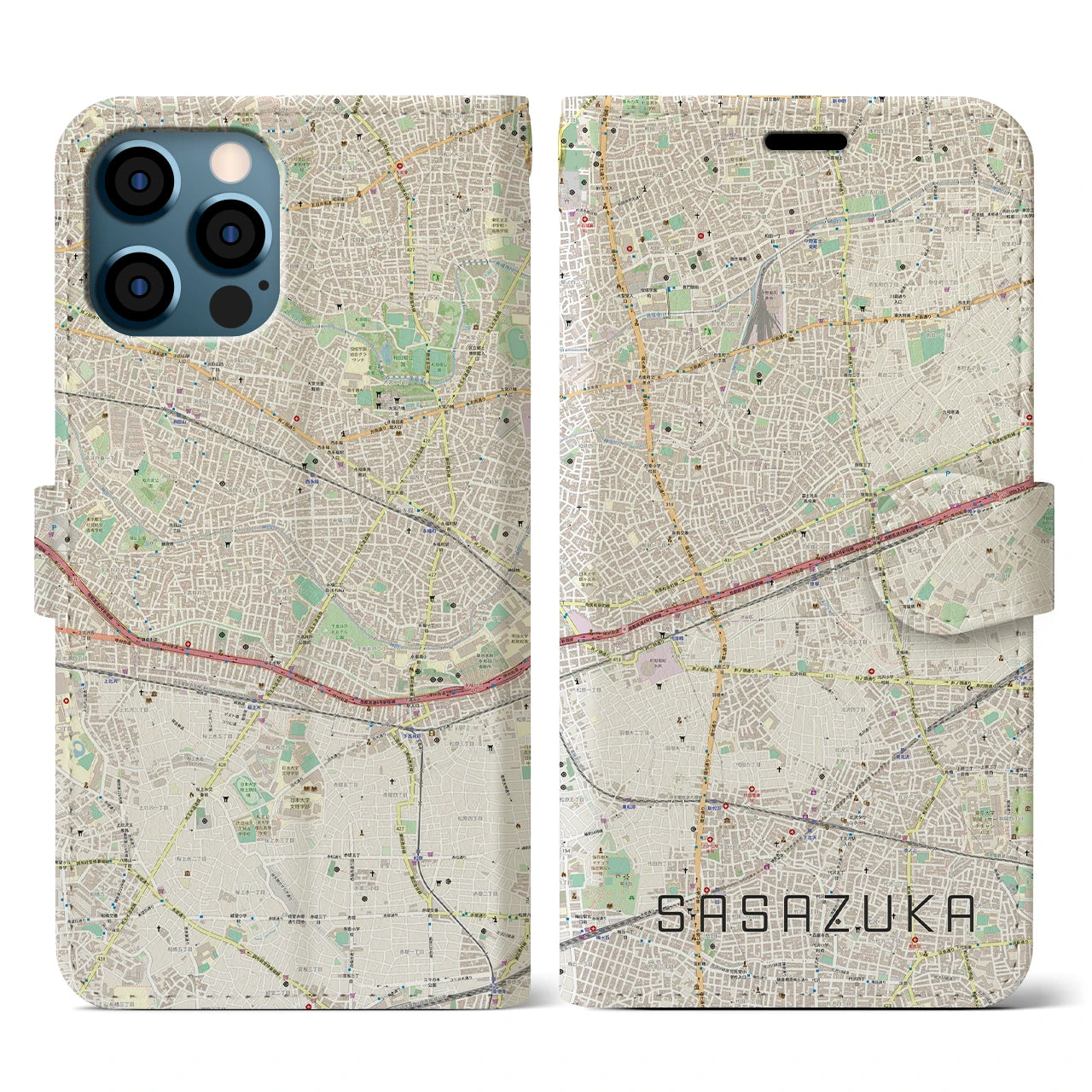 【笹塚(東京都)】地図柄iPhoneケース(手帳タイプ)ナチュラル・iPhone 12 / 12 Pro 用