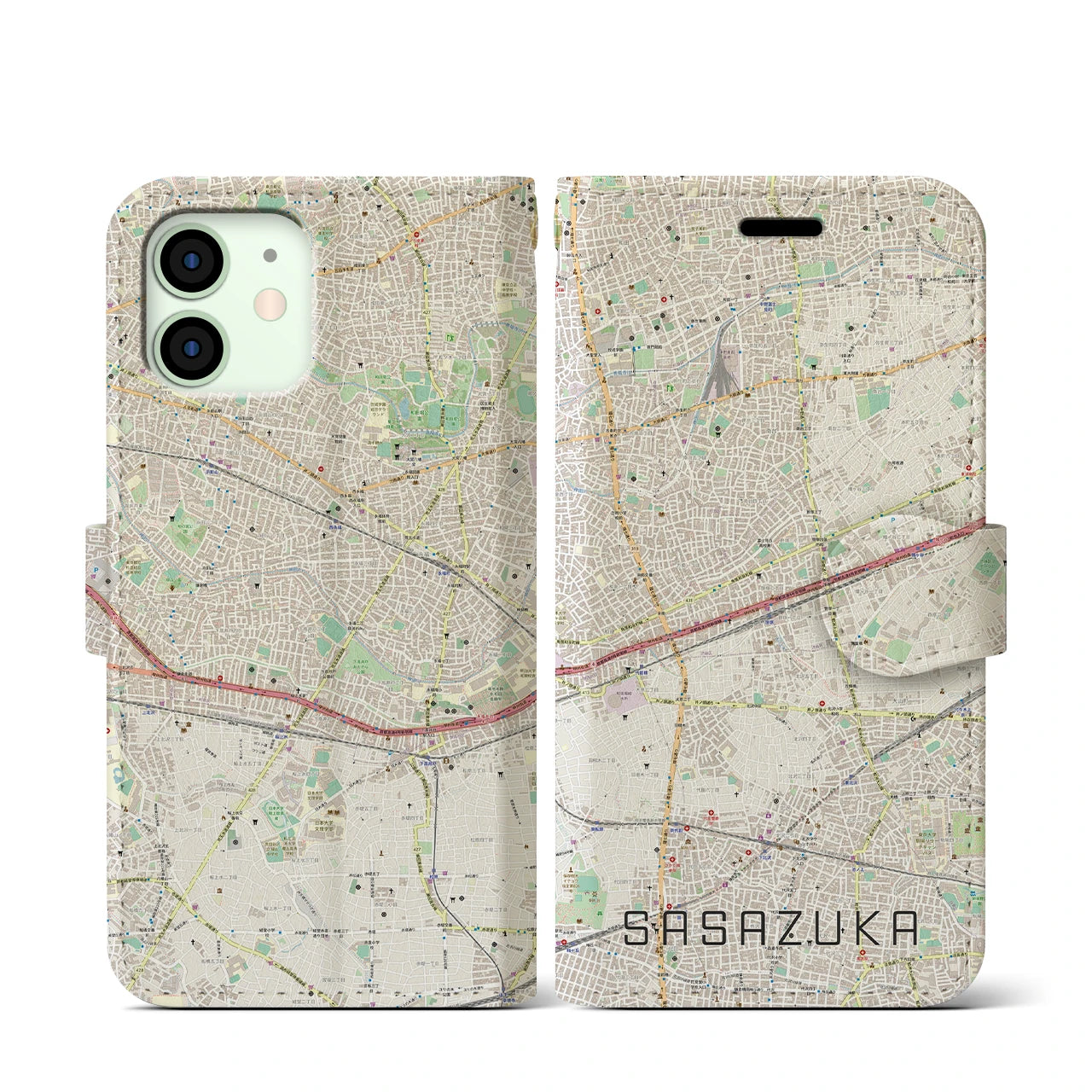 【笹塚(東京都)】地図柄iPhoneケース(手帳タイプ)ナチュラル・iPhone 12 mini 用