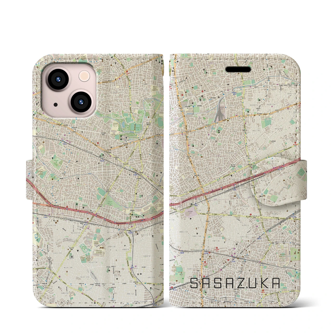 【笹塚(東京都)】地図柄iPhoneケース(手帳タイプ)ナチュラル・iPhone 13 mini 用