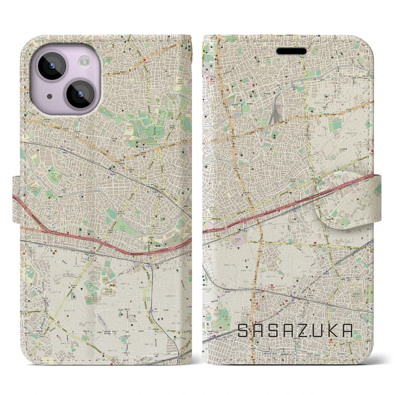 【笹塚(東京都)】地図柄iPhoneケース(手帳タイプ)ナチュラル・iPhone 14 用