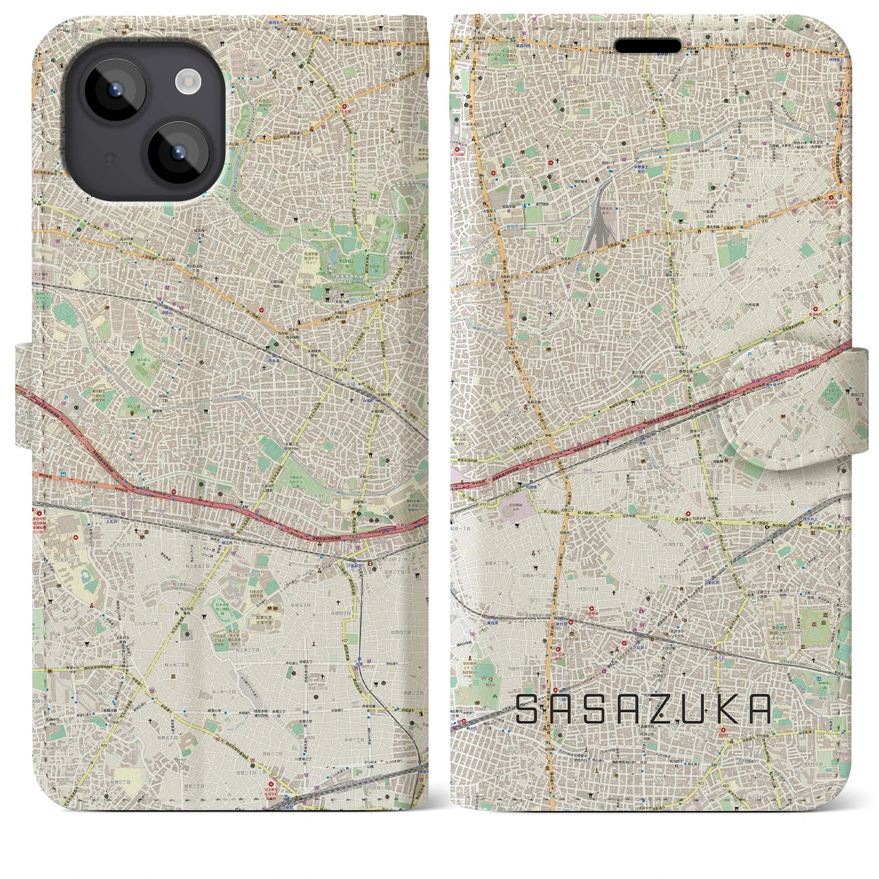 【笹塚(東京都)】地図柄iPhoneケース(手帳タイプ)ナチュラル・iPhone 14 Plus 用