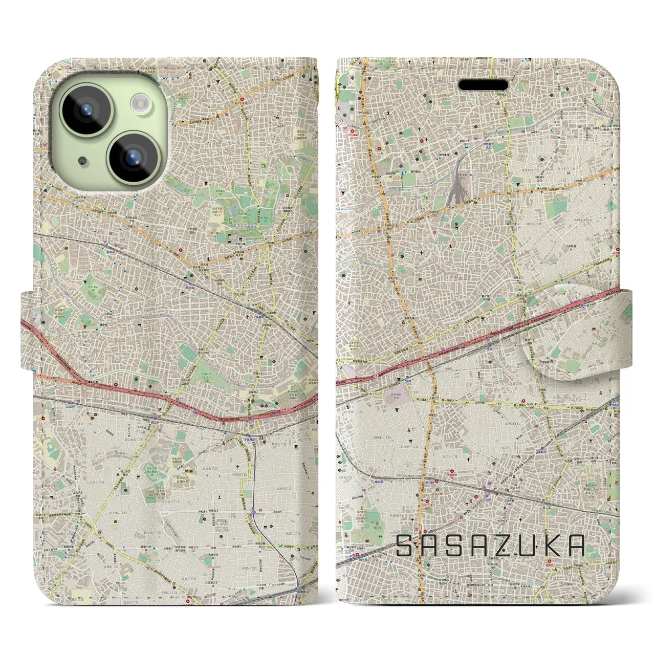 【笹塚(東京都)】地図柄iPhoneケース(手帳タイプ)ナチュラル・iPhone 15 用