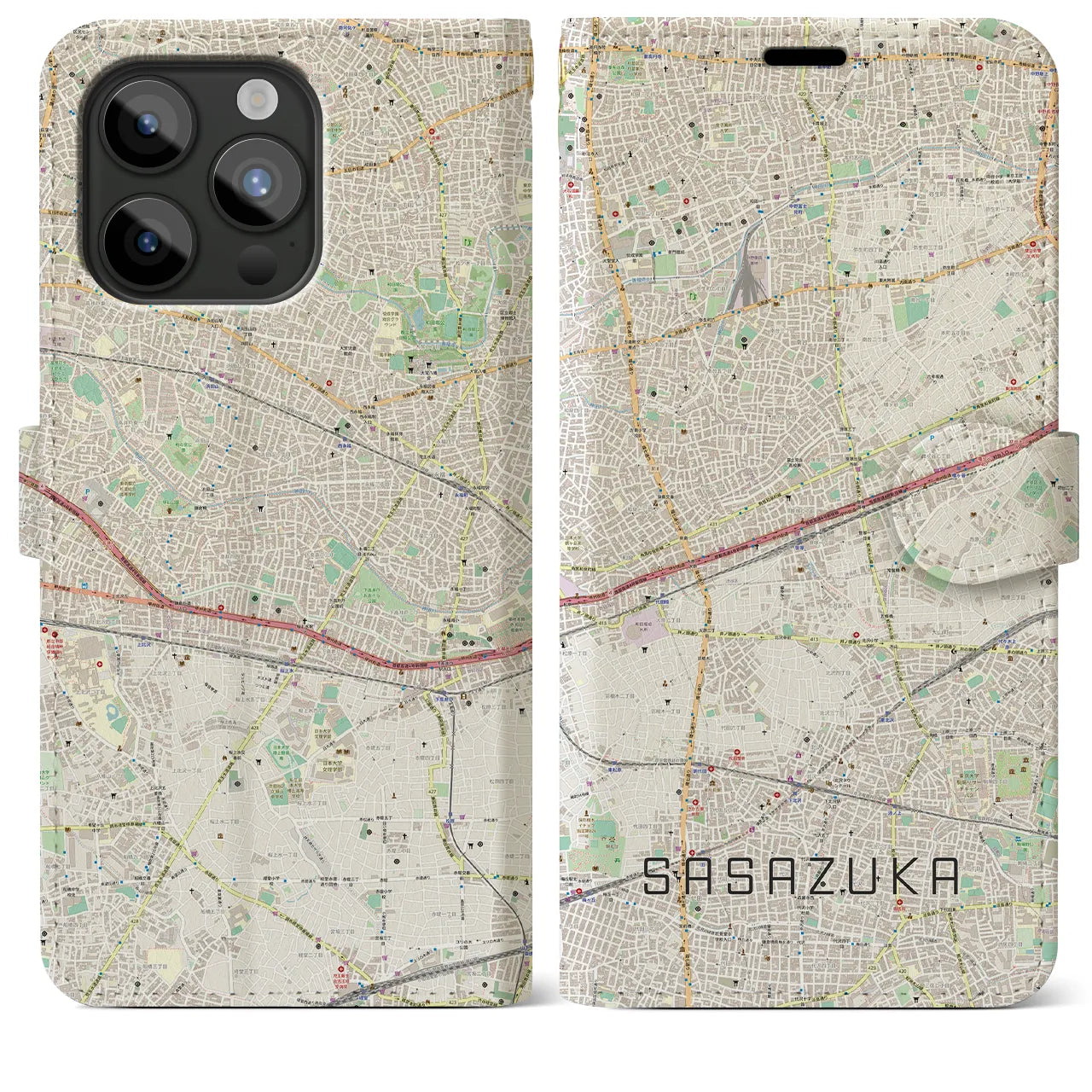【笹塚(東京都)】地図柄iPhoneケース(手帳タイプ)ナチュラル・iPhone 15 Pro Max 用