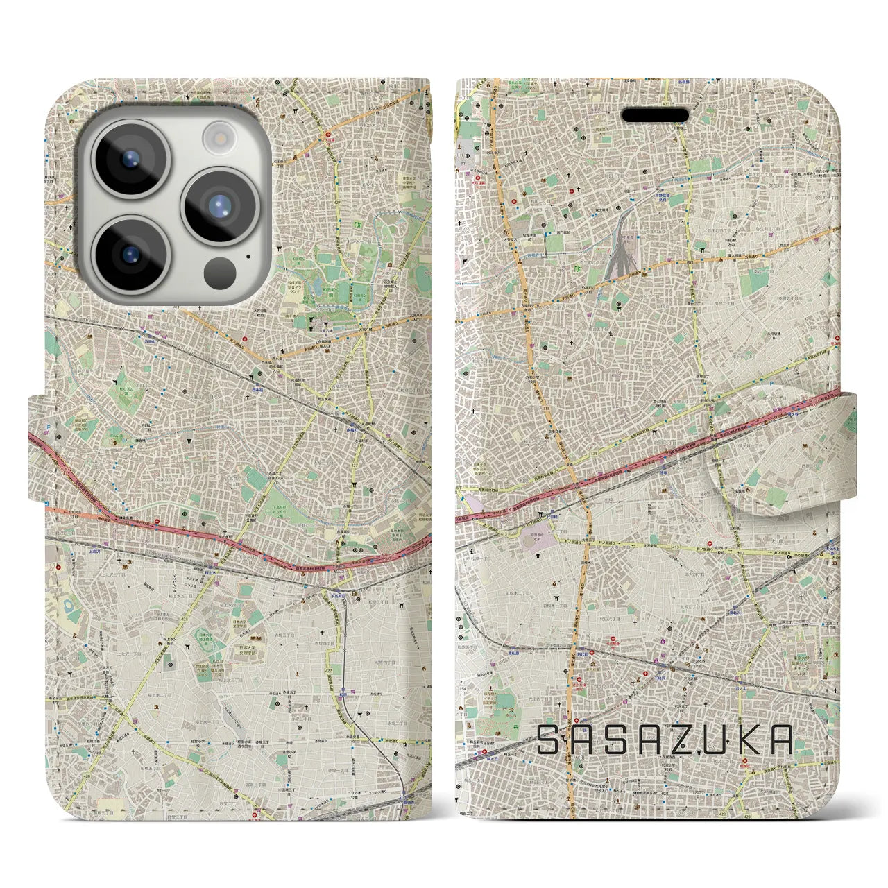 【笹塚(東京都)】地図柄iPhoneケース(手帳タイプ)ナチュラル・iPhone 15 Pro 用