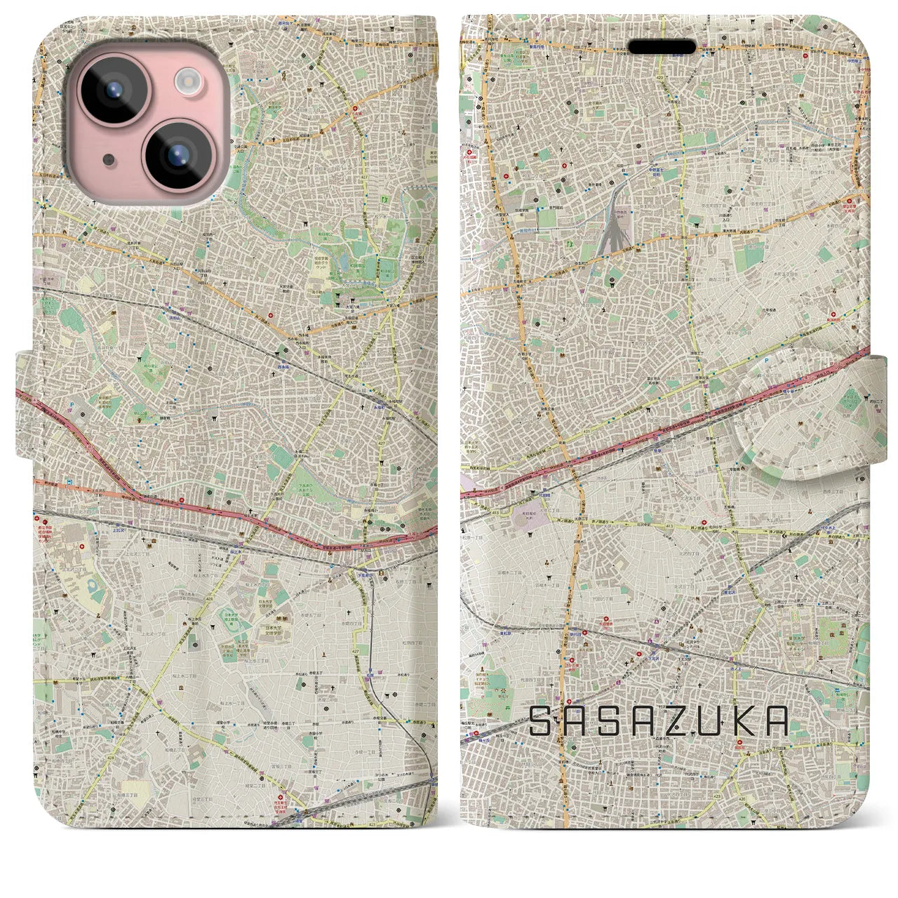 【笹塚(東京都)】地図柄iPhoneケース(手帳タイプ)ナチュラル・iPhone 15 Plus 用