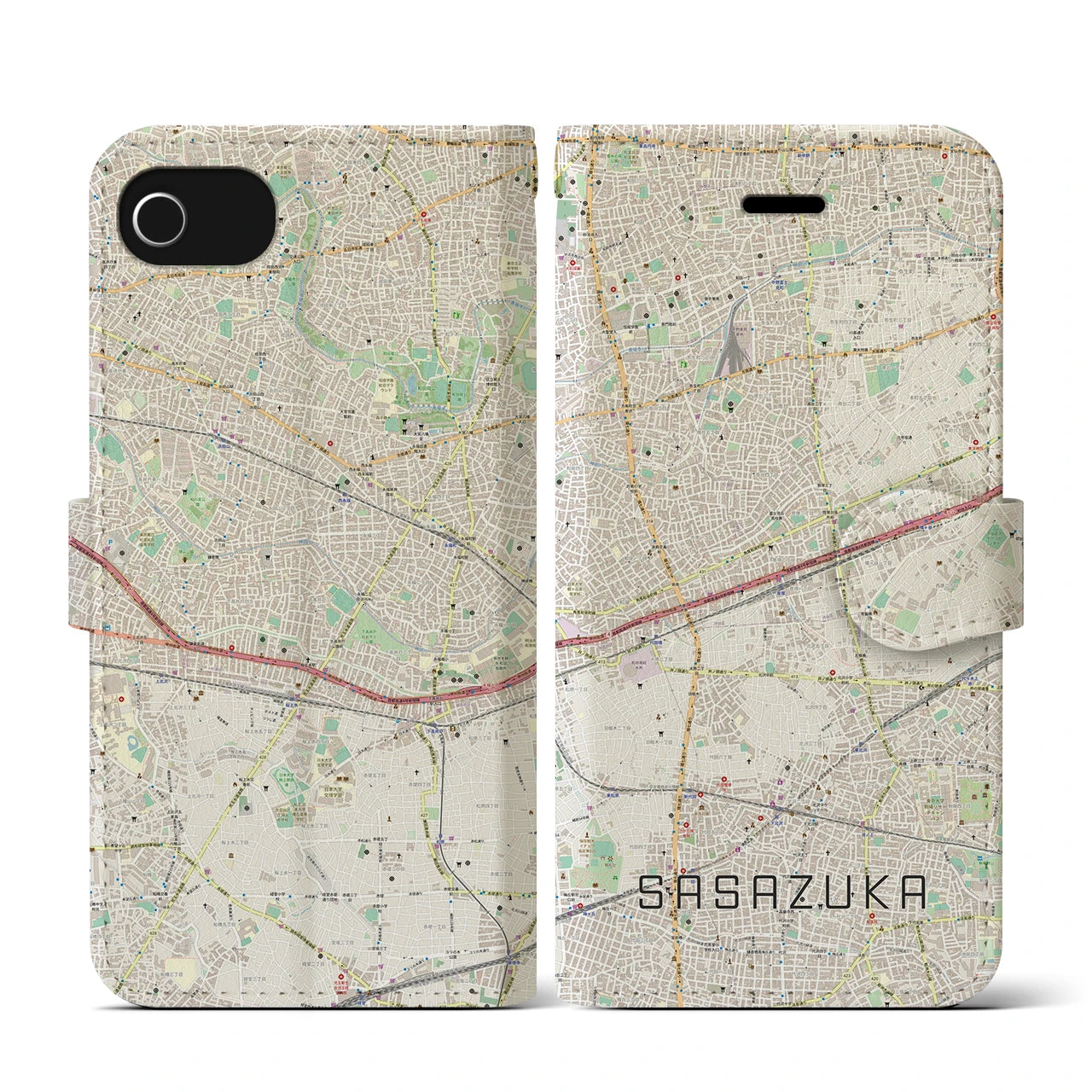 【笹塚(東京都)】地図柄iPhoneケース(手帳タイプ)ナチュラル・iPhone SE(第3 / 第2世代) / 8 / 7 / 6s / 6 用