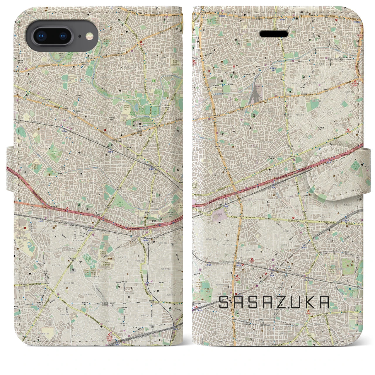 【笹塚(東京都)】地図柄iPhoneケース(手帳タイプ)ナチュラル・iPhone 8Plus /7Plus / 6sPlus / 6Plus 用