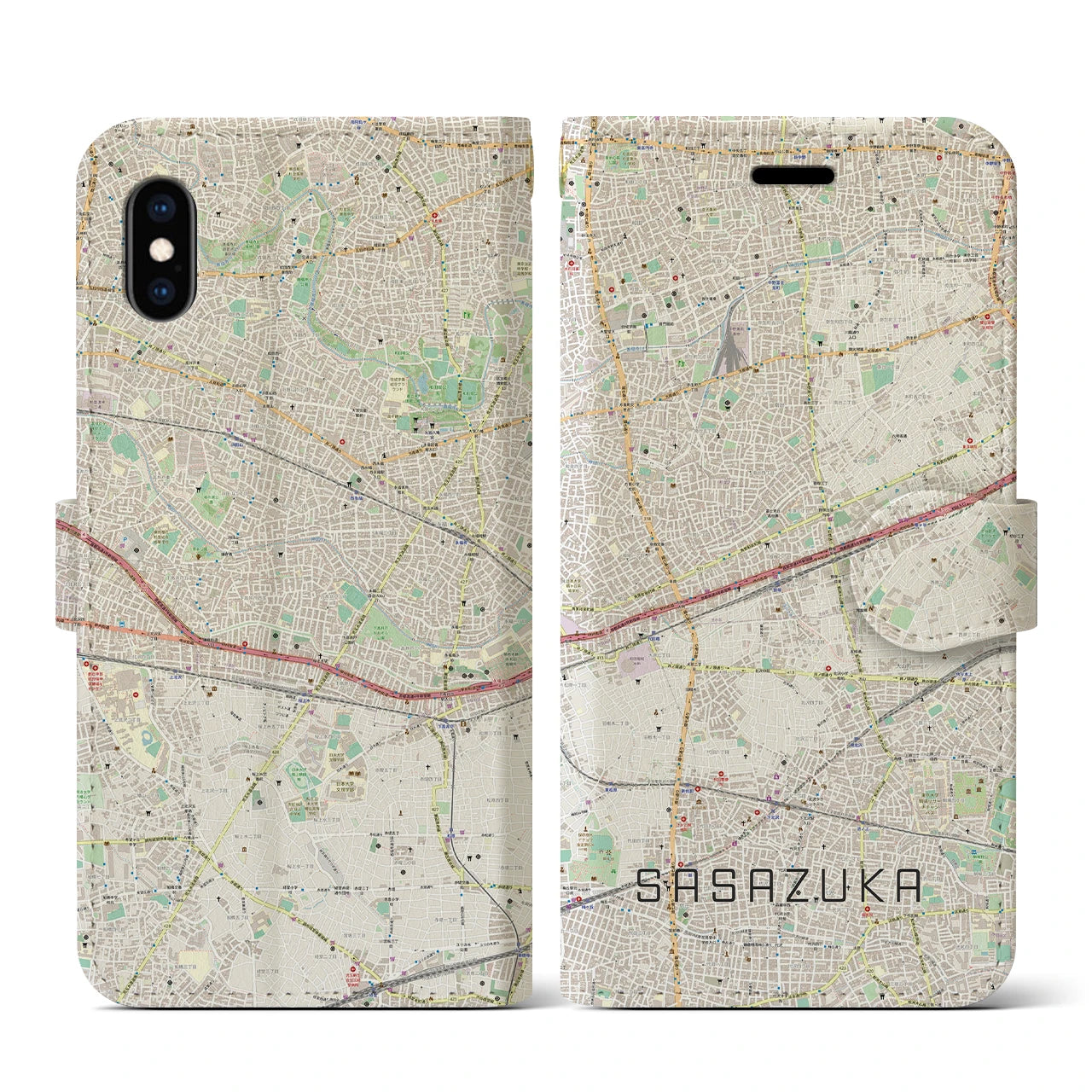 【笹塚(東京都)】地図柄iPhoneケース(手帳タイプ)ナチュラル・iPhone XS / X 用