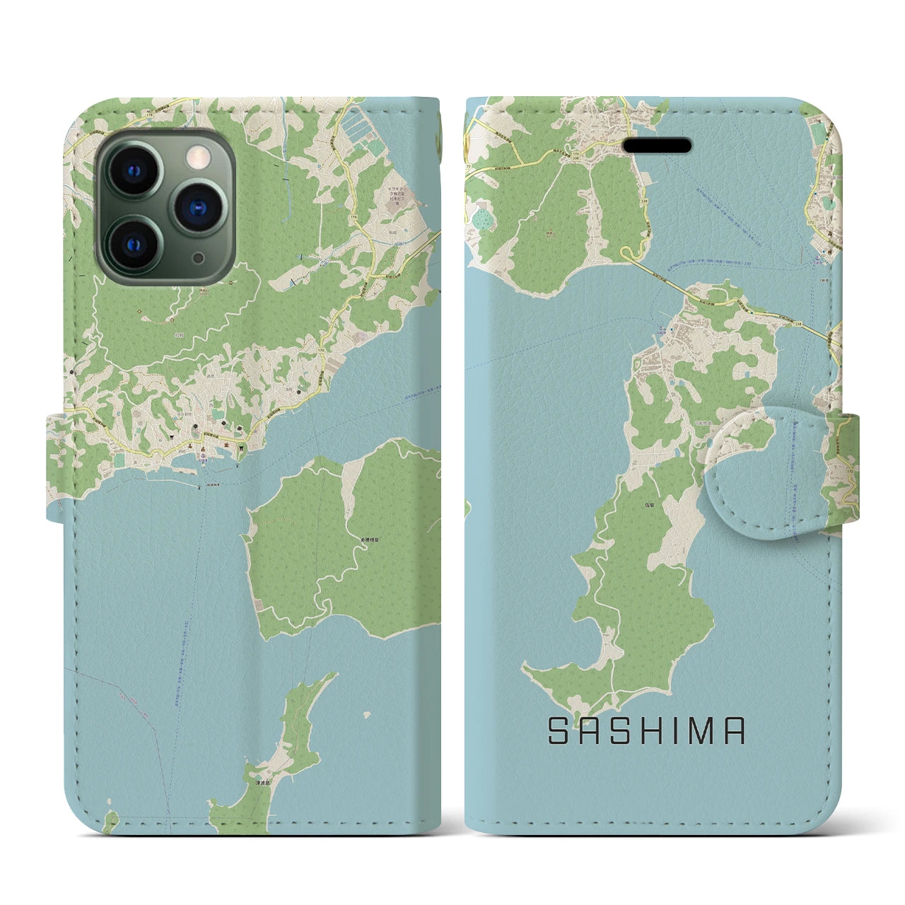 【佐島(愛媛県)】地図柄iPhoneケース(手帳タイプ)ナチュラル・iPhone 11 Pro 用
