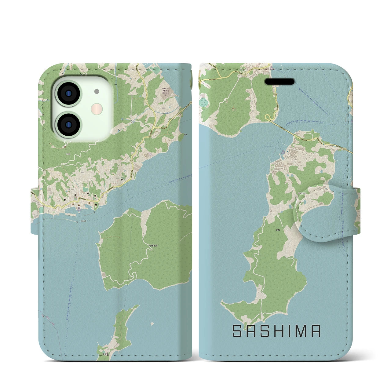 【佐島(愛媛県)】地図柄iPhoneケース(手帳タイプ)ナチュラル・iPhone 12 mini 用