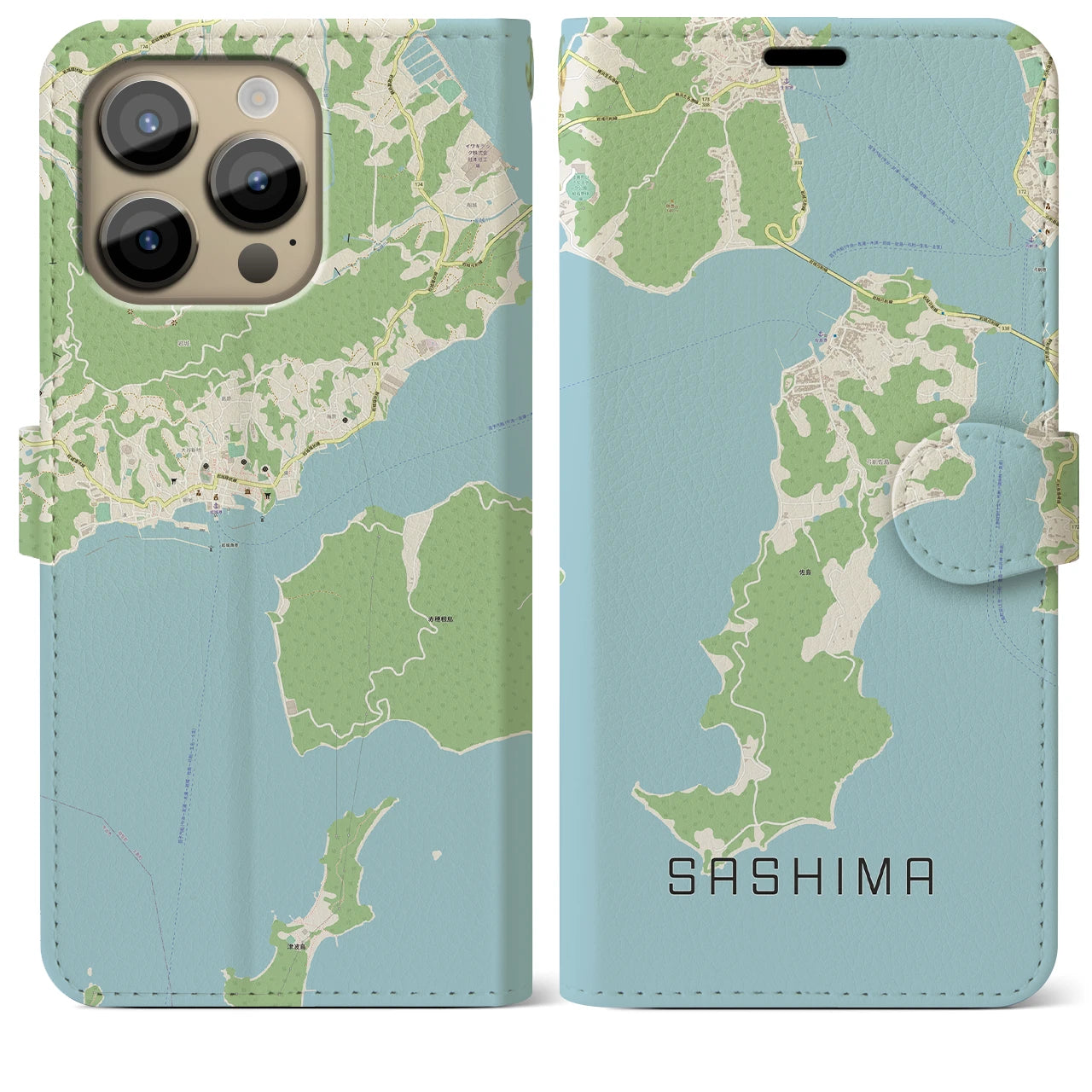 【佐島(愛媛県)】地図柄iPhoneケース(手帳タイプ)ナチュラル・iPhone 14 Pro Max 用