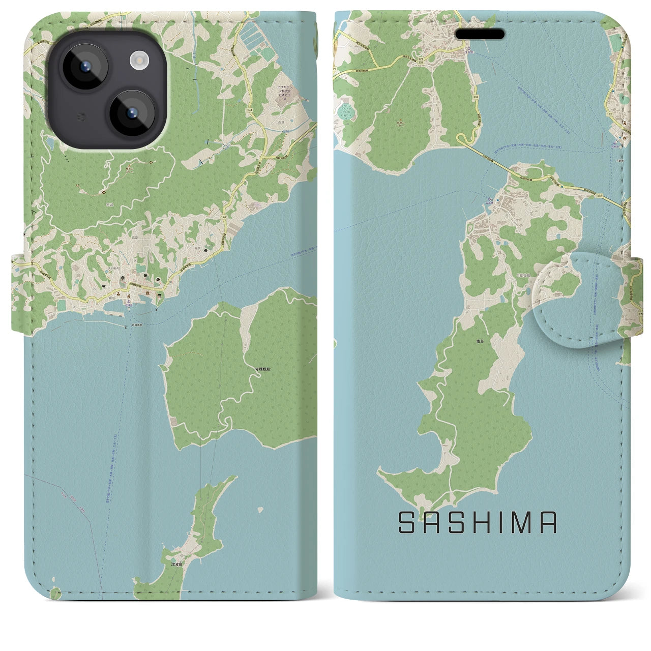 【佐島(愛媛県)】地図柄iPhoneケース(手帳タイプ)ナチュラル・iPhone 14 Plus 用