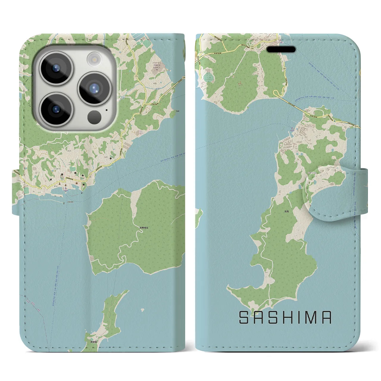 【佐島(愛媛県)】地図柄iPhoneケース(手帳タイプ)ナチュラル・iPhone 15 Pro 用