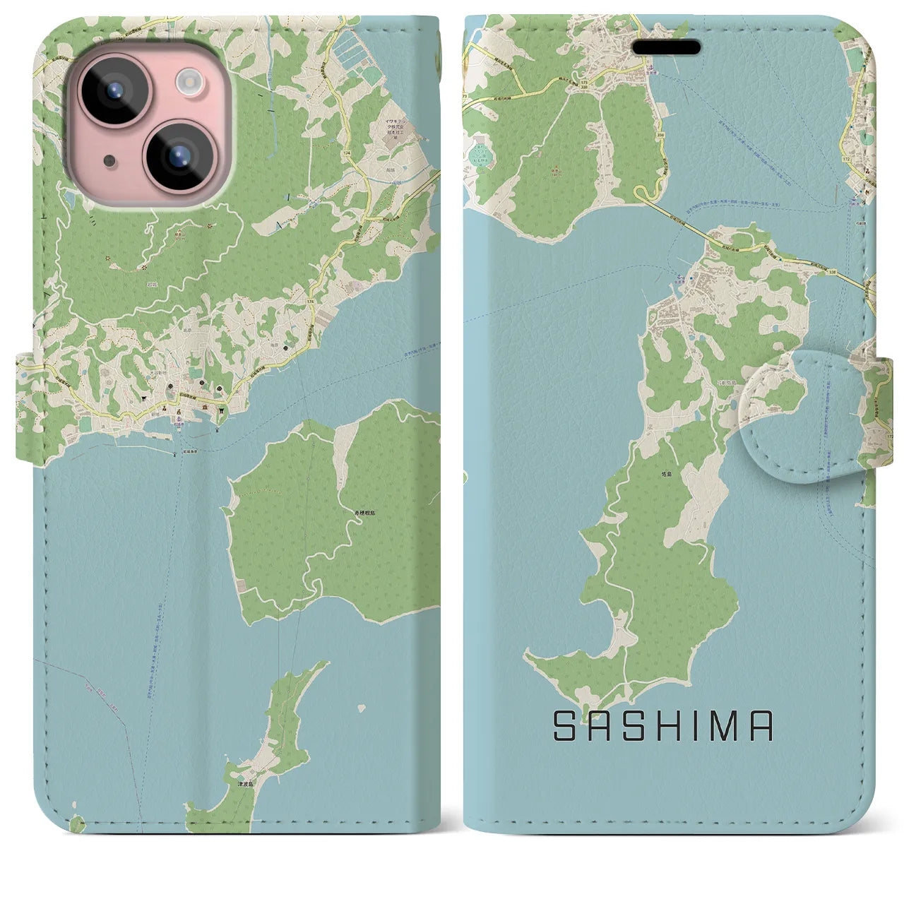 【佐島(愛媛県)】地図柄iPhoneケース(手帳タイプ)ナチュラル・iPhone 15 Plus 用