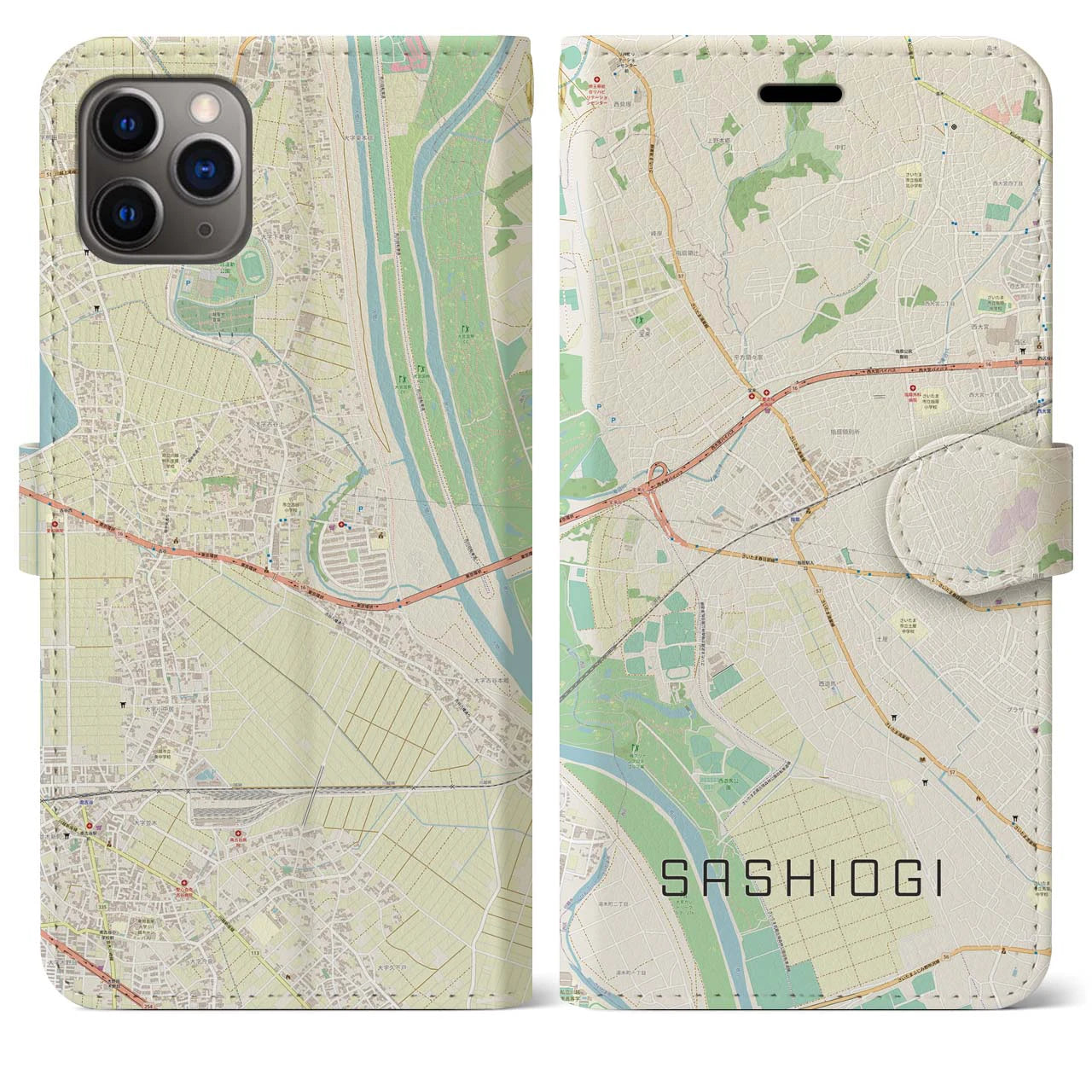 【指扇(埼玉県)】地図柄iPhoneケース(手帳タイプ)ナチュラル・iPhone 11 Pro Max 用