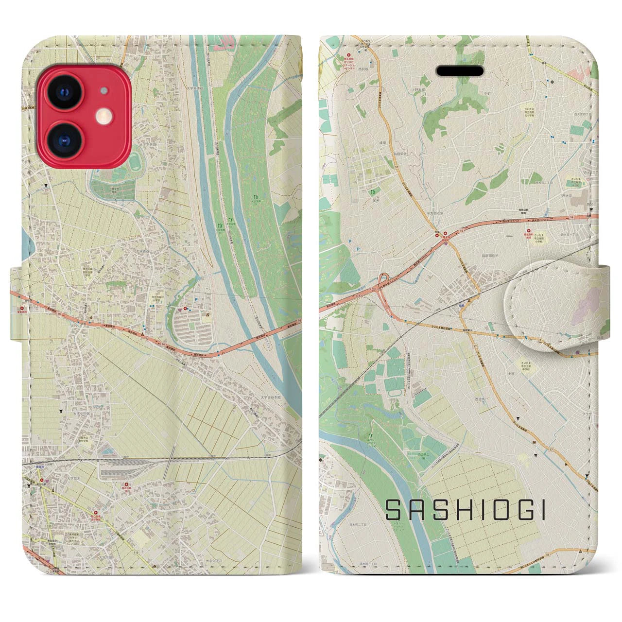 【指扇(埼玉県)】地図柄iPhoneケース(手帳タイプ)ナチュラル・iPhone 11 用