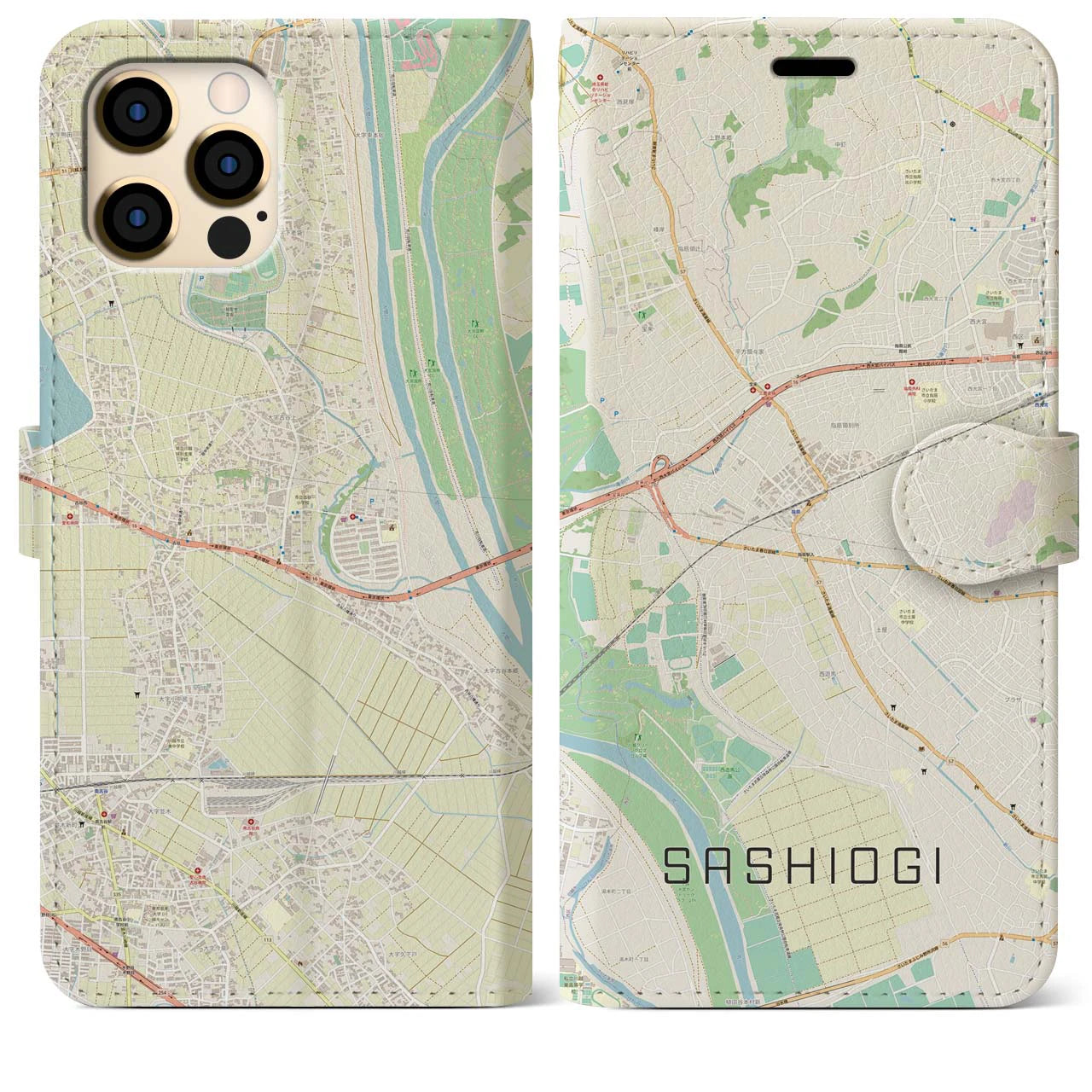 【指扇(埼玉県)】地図柄iPhoneケース(手帳タイプ)ナチュラル・iPhone 12 Pro Max 用