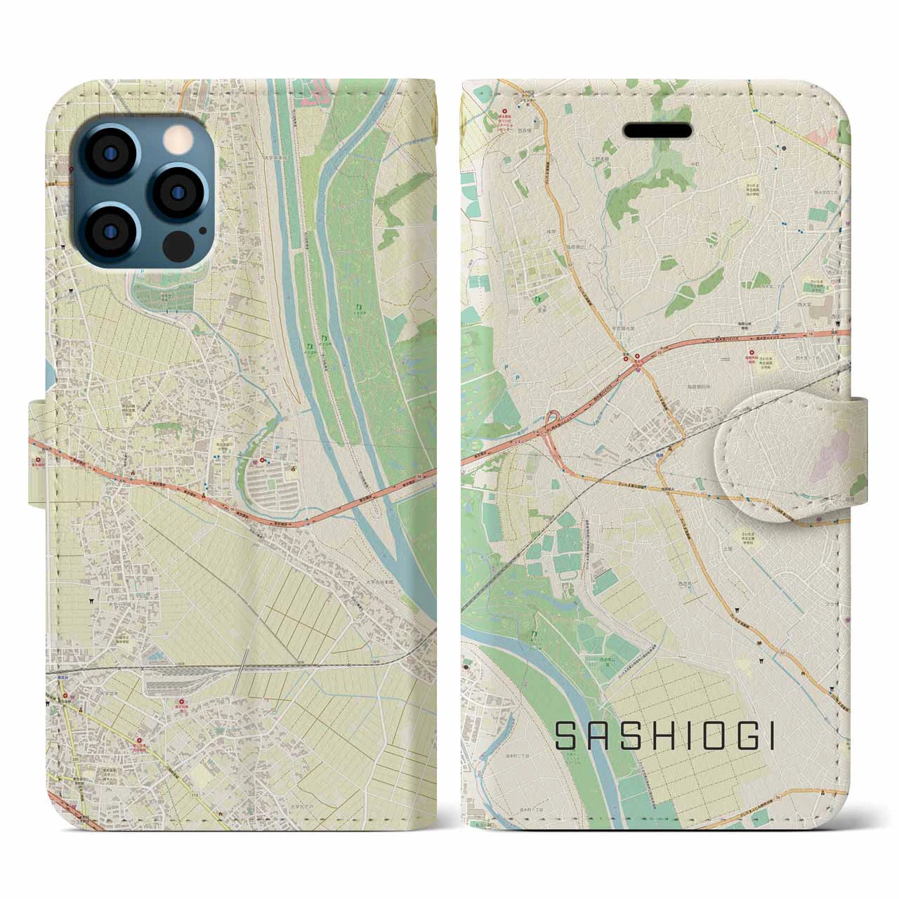 【指扇(埼玉県)】地図柄iPhoneケース(手帳タイプ)ナチュラル・iPhone 12 / 12 Pro 用