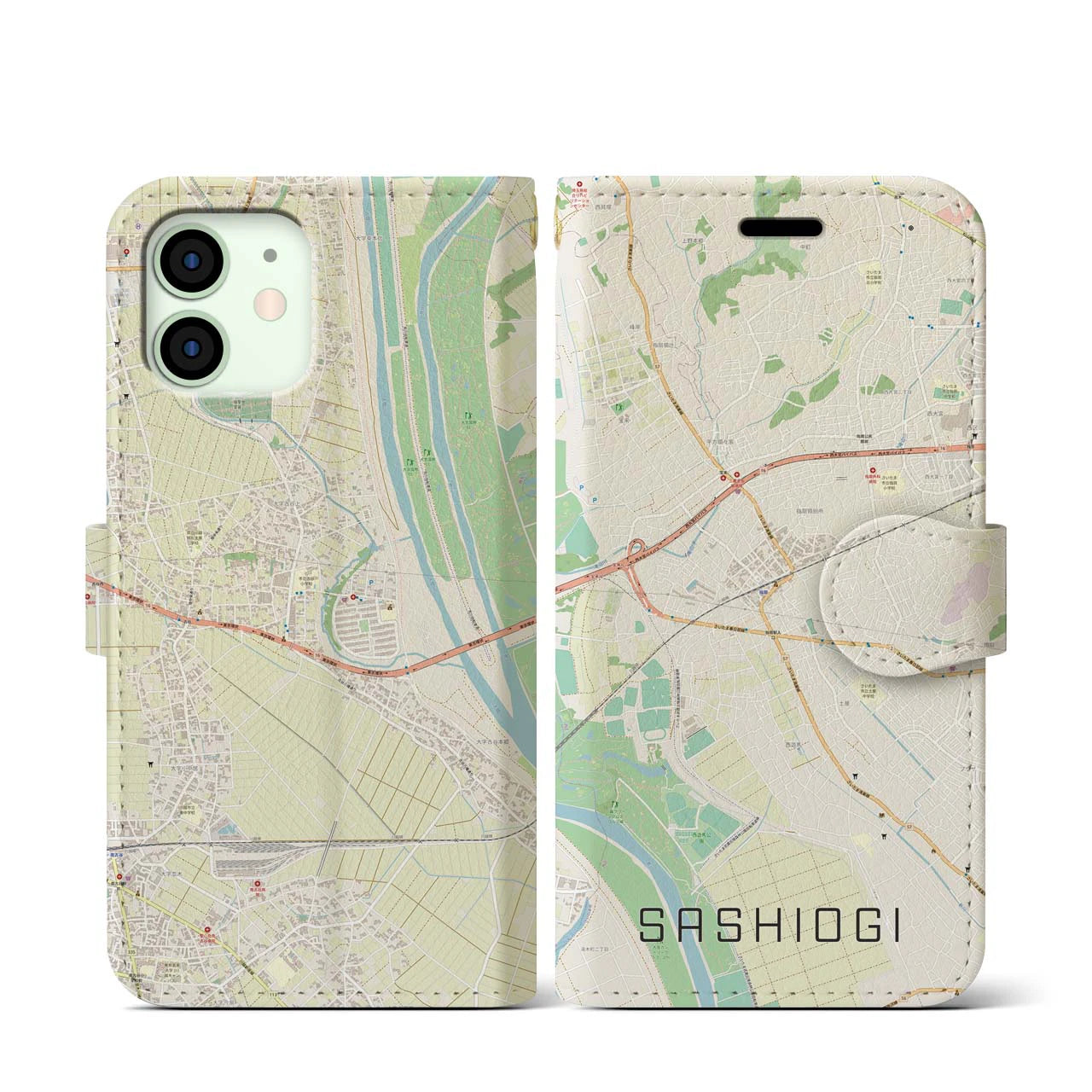 【指扇(埼玉県)】地図柄iPhoneケース(手帳タイプ)ナチュラル・iPhone 12 mini 用