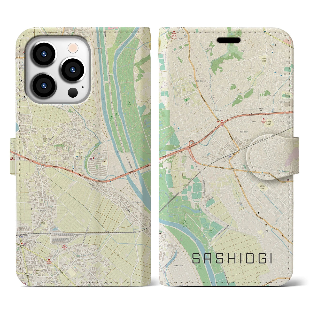 【指扇(埼玉県)】地図柄iPhoneケース(手帳タイプ)ナチュラル・iPhone 13 Pro 用