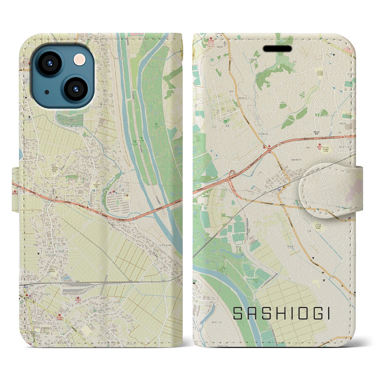 【指扇(埼玉県)】地図柄iPhoneケース(手帳タイプ)ナチュラル・iPhone 13 用