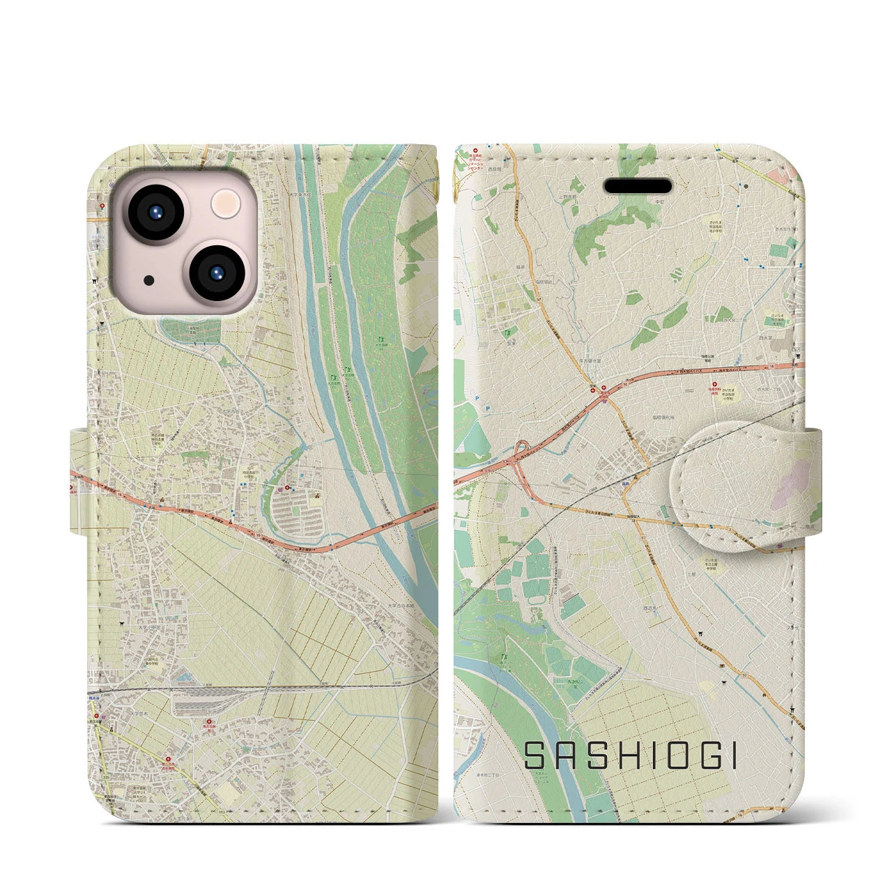 【指扇(埼玉県)】地図柄iPhoneケース(手帳タイプ)ナチュラル・iPhone 13 mini 用