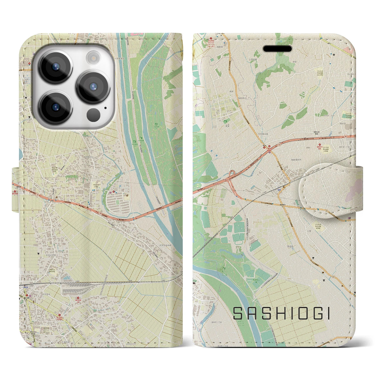 【指扇(埼玉県)】地図柄iPhoneケース(手帳タイプ)ナチュラル・iPhone 14 Pro 用