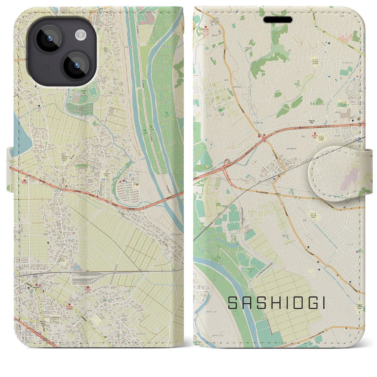 【指扇(埼玉県)】地図柄iPhoneケース(手帳タイプ)ナチュラル・iPhone 14 Plus 用