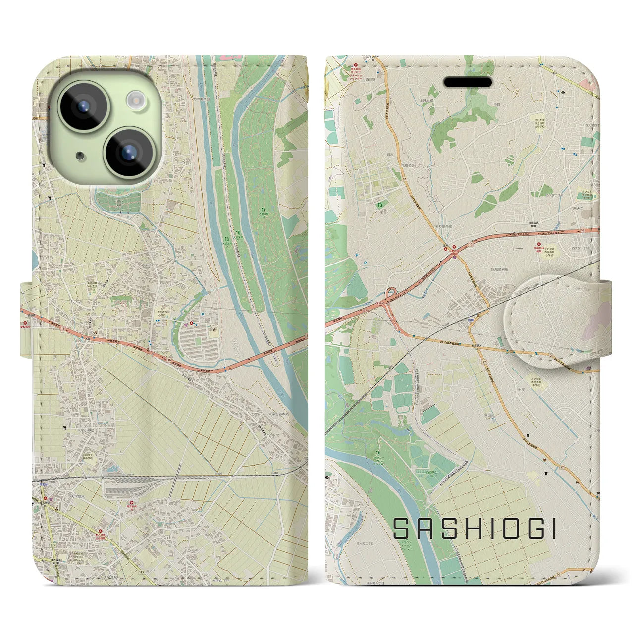 【指扇(埼玉県)】地図柄iPhoneケース(手帳タイプ)ナチュラル・iPhone 15 用