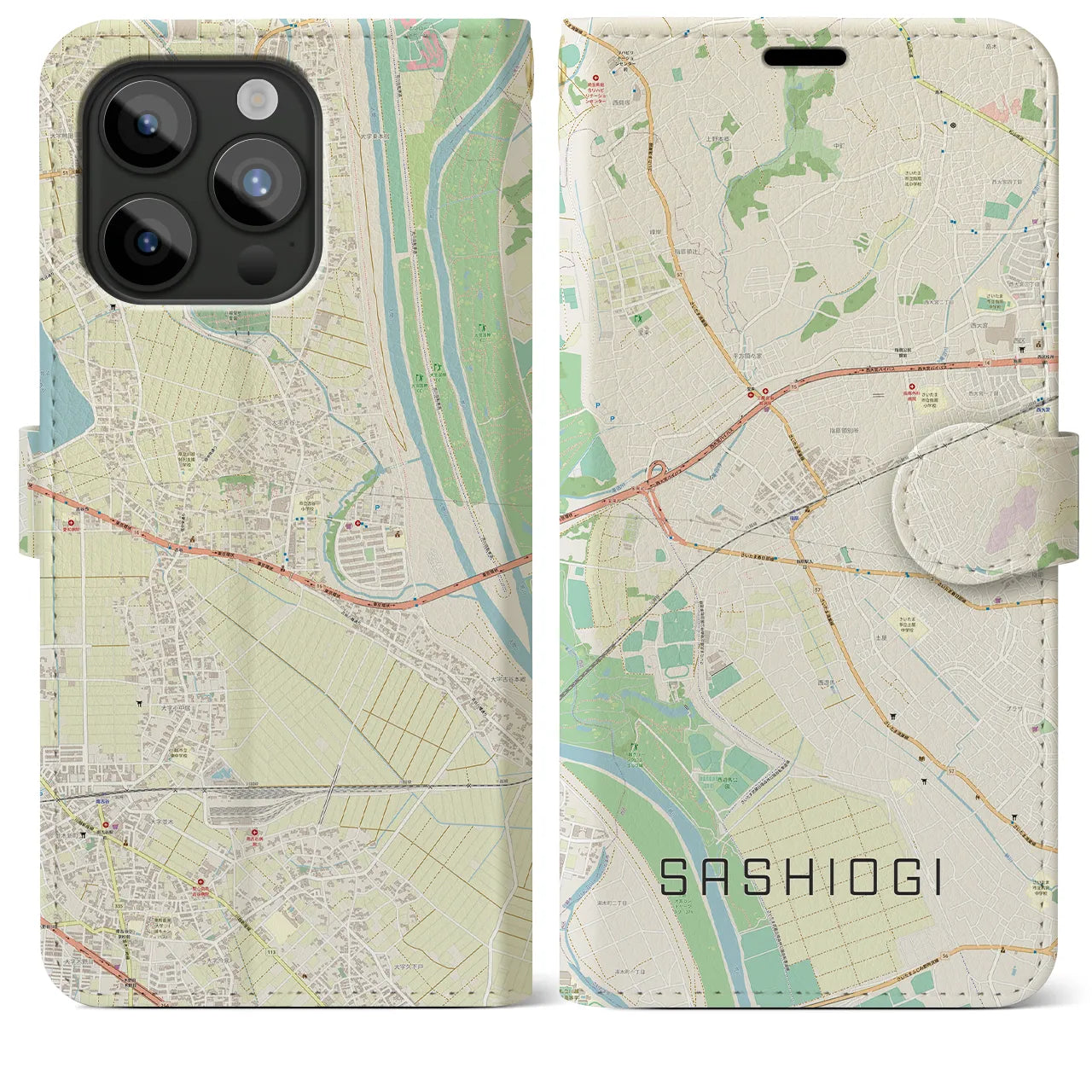 【指扇(埼玉県)】地図柄iPhoneケース(手帳タイプ)ナチュラル・iPhone 15 Pro Max 用