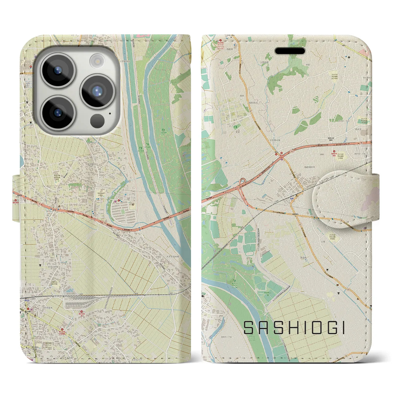 【指扇(埼玉県)】地図柄iPhoneケース(手帳タイプ)ナチュラル・iPhone 15 Pro 用