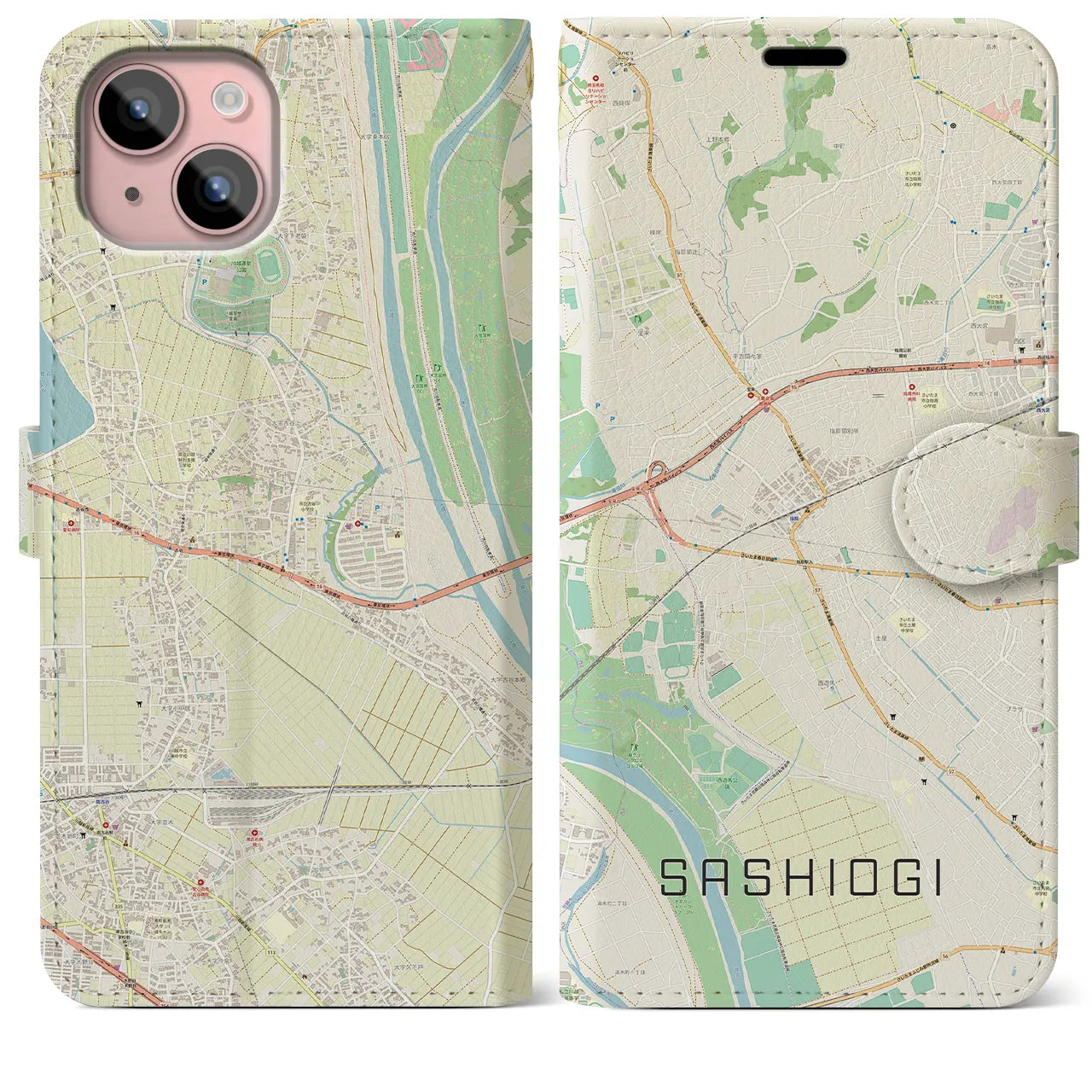 【指扇(埼玉県)】地図柄iPhoneケース(手帳タイプ)ナチュラル・iPhone 15 Plus 用