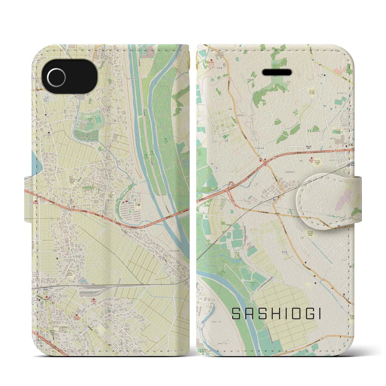 【指扇(埼玉県)】地図柄iPhoneケース(手帳タイプ)ナチュラル・iPhone SE(第3 / 第2世代) / 8 / 7 / 6s / 6 用