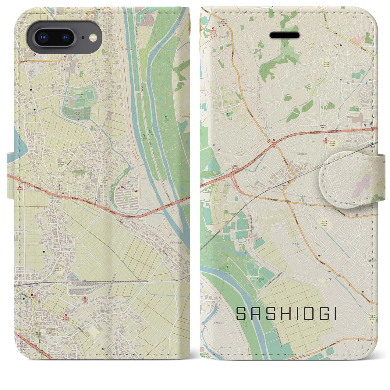 【指扇(埼玉県)】地図柄iPhoneケース(手帳タイプ)ナチュラル・iPhone 8Plus /7Plus / 6sPlus / 6Plus 用