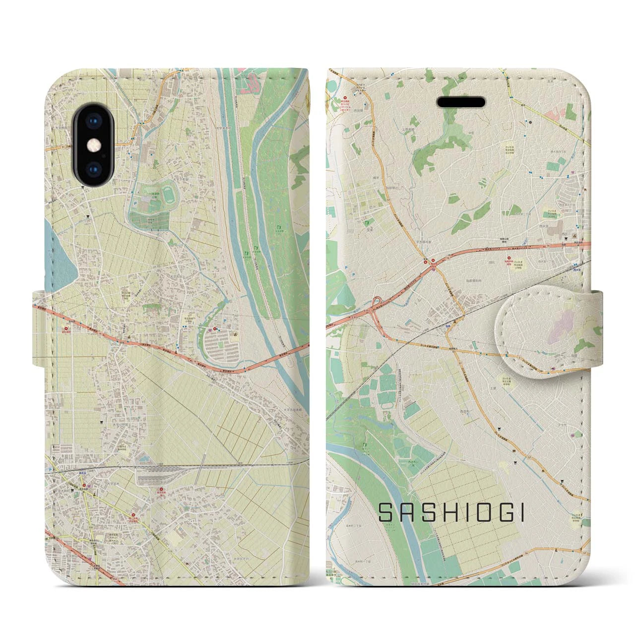【指扇(埼玉県)】地図柄iPhoneケース(手帳タイプ)ナチュラル・iPhone XS / X 用