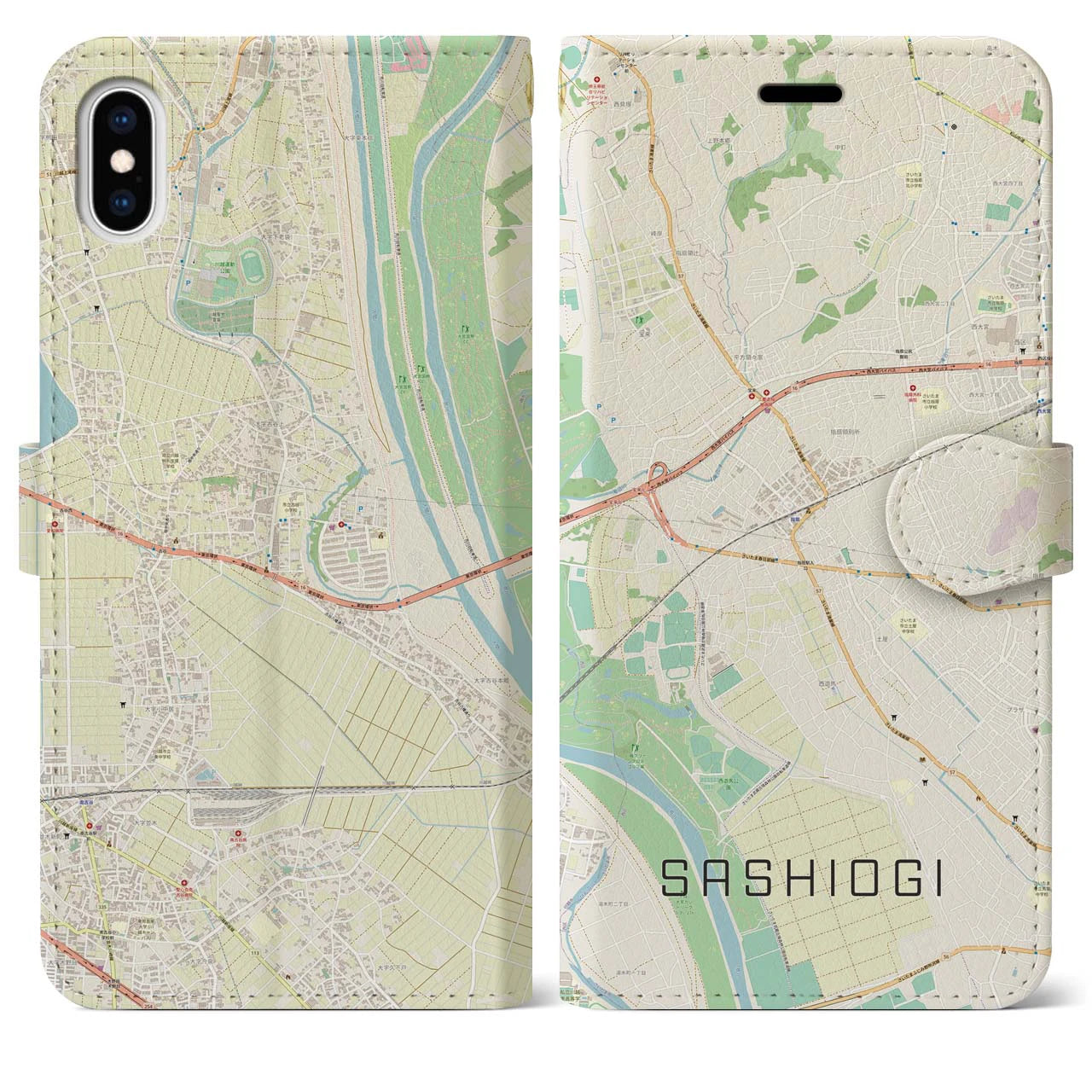 【指扇(埼玉県)】地図柄iPhoneケース(手帳タイプ)ナチュラル・iPhone XS Max 用