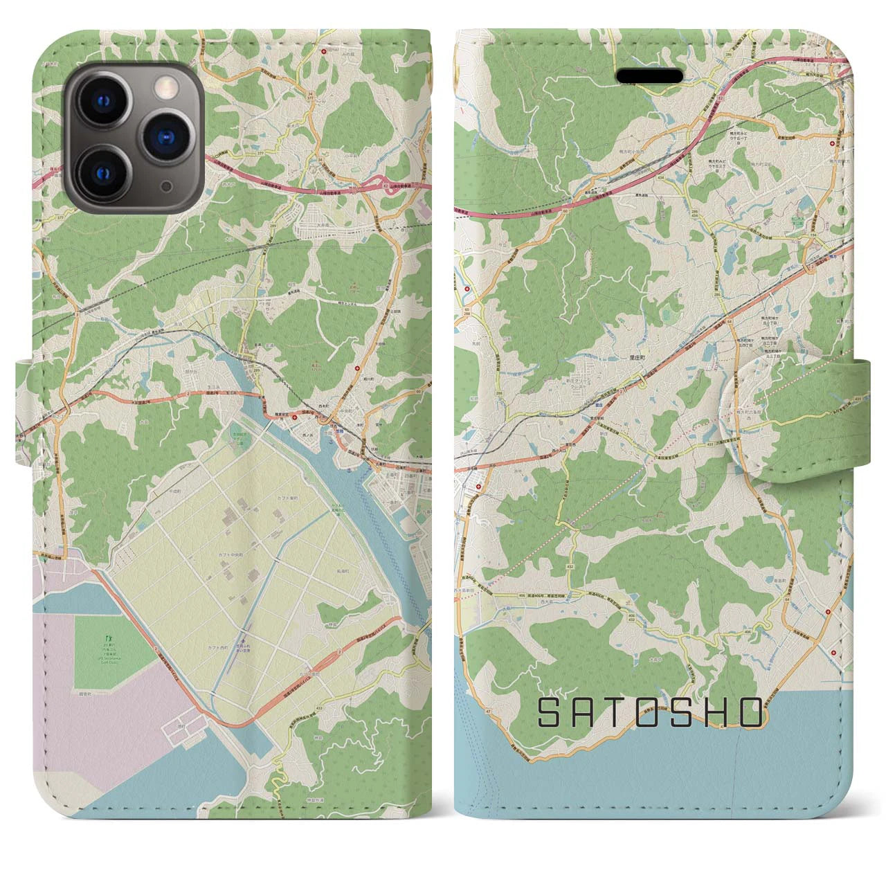 【里庄(岡山県)】地図柄iPhoneケース(手帳タイプ)ナチュラル・iPhone 11 Pro Max 用