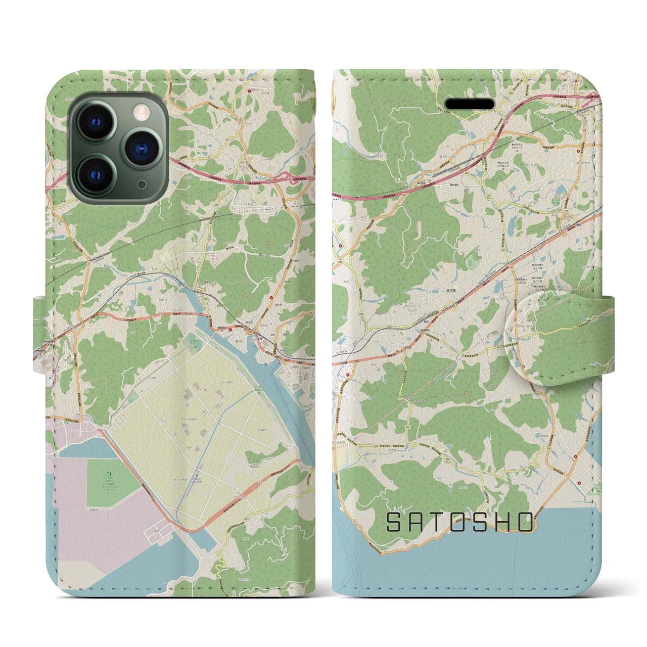 【里庄(岡山県)】地図柄iPhoneケース(手帳タイプ)ナチュラル・iPhone 11 Pro 用