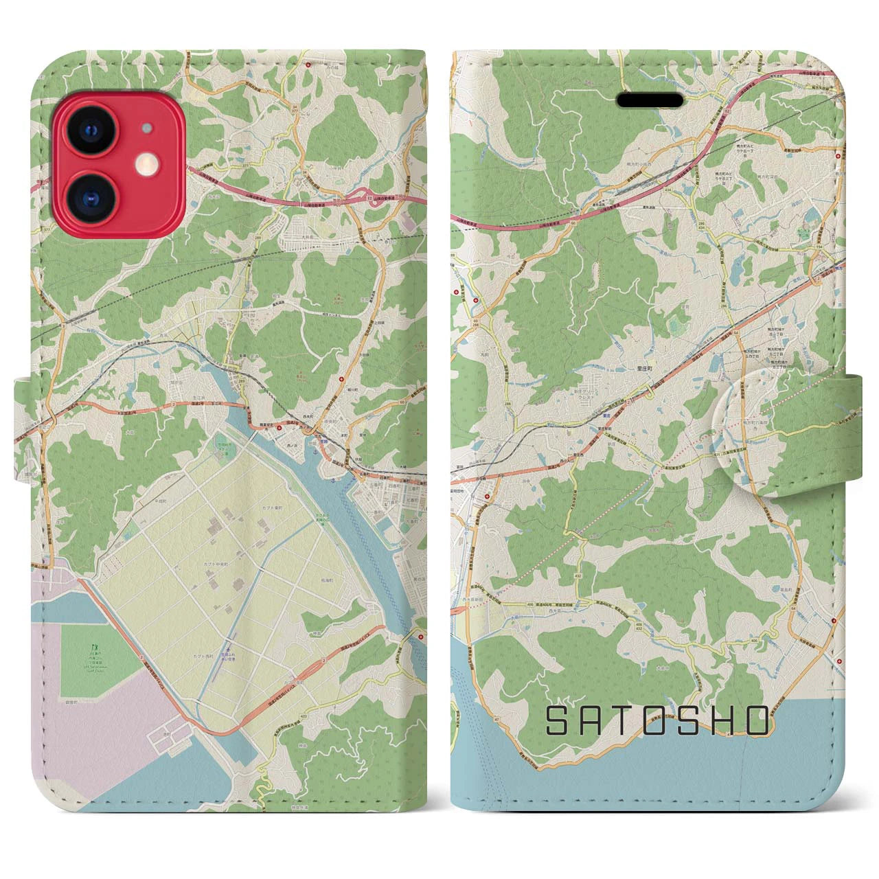 【里庄(岡山県)】地図柄iPhoneケース(手帳タイプ)ナチュラル・iPhone 11 用