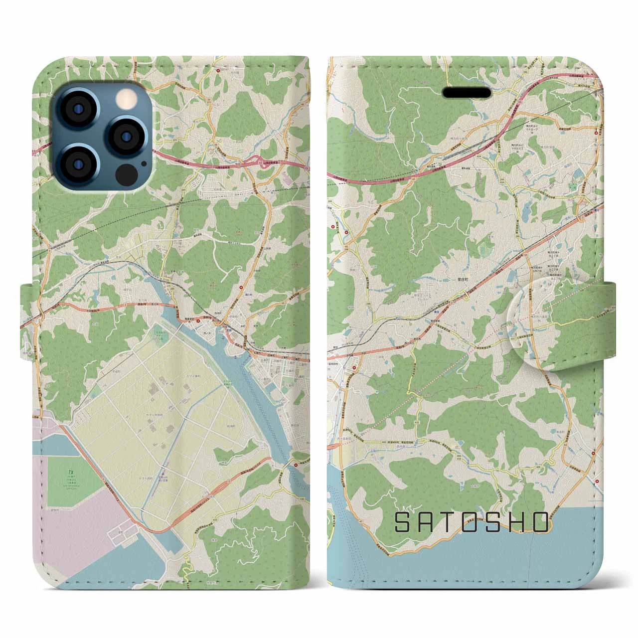 【里庄(岡山県)】地図柄iPhoneケース(手帳タイプ)ナチュラル・iPhone 12 / 12 Pro 用