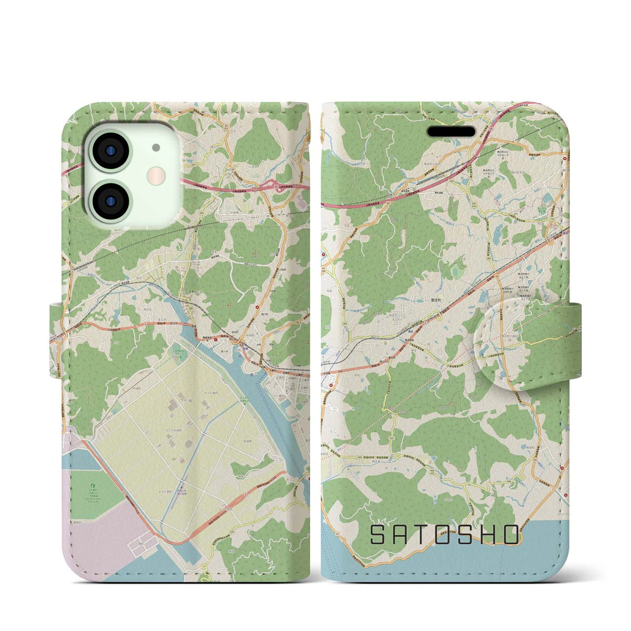 【里庄(岡山県)】地図柄iPhoneケース(手帳タイプ)ナチュラル・iPhone 12 mini 用
