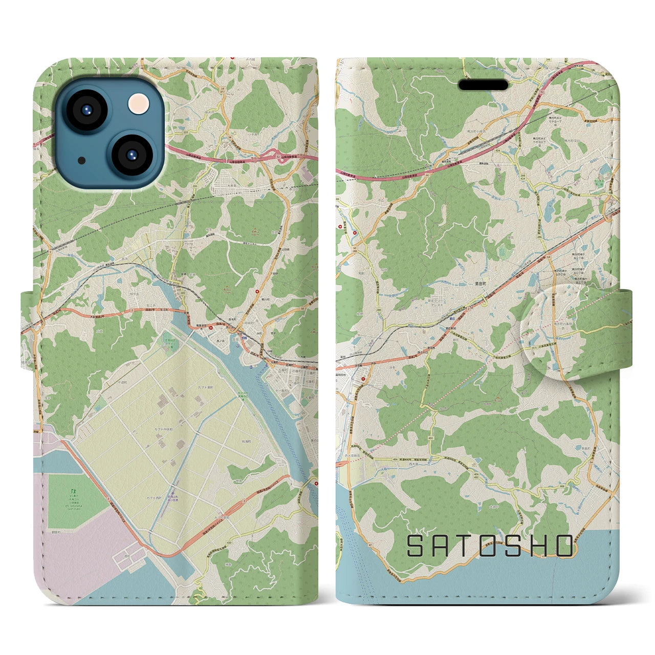 【里庄(岡山県)】地図柄iPhoneケース(手帳タイプ)ナチュラル・iPhone 13 用