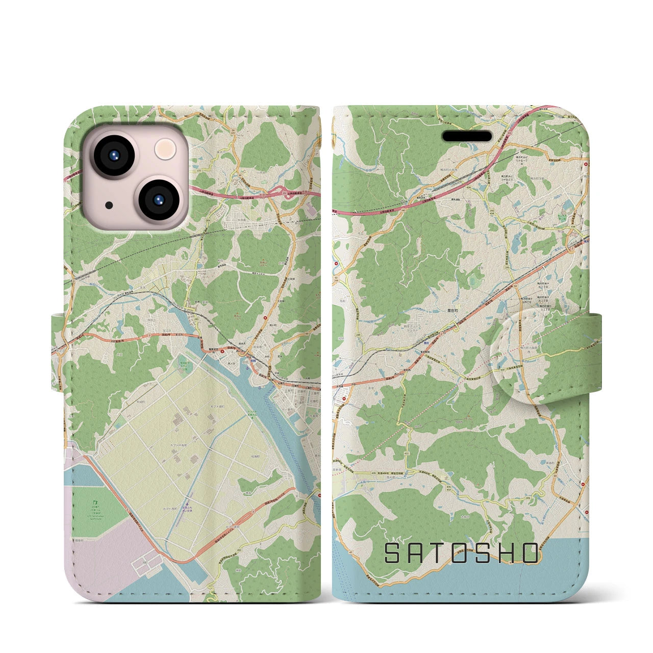 【里庄(岡山県)】地図柄iPhoneケース(手帳タイプ)ナチュラル・iPhone 13 mini 用