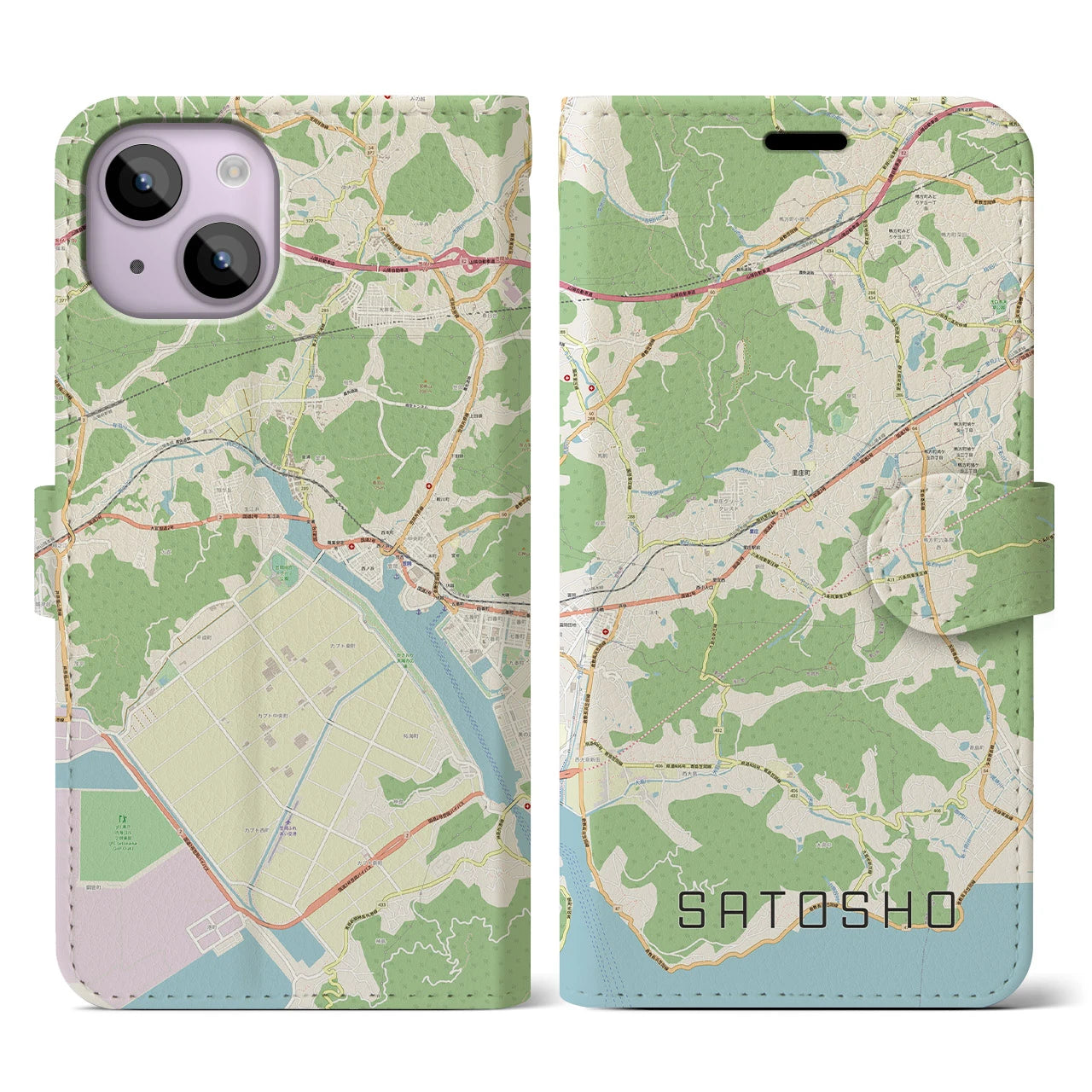 【里庄(岡山県)】地図柄iPhoneケース(手帳タイプ)ナチュラル・iPhone 14 用