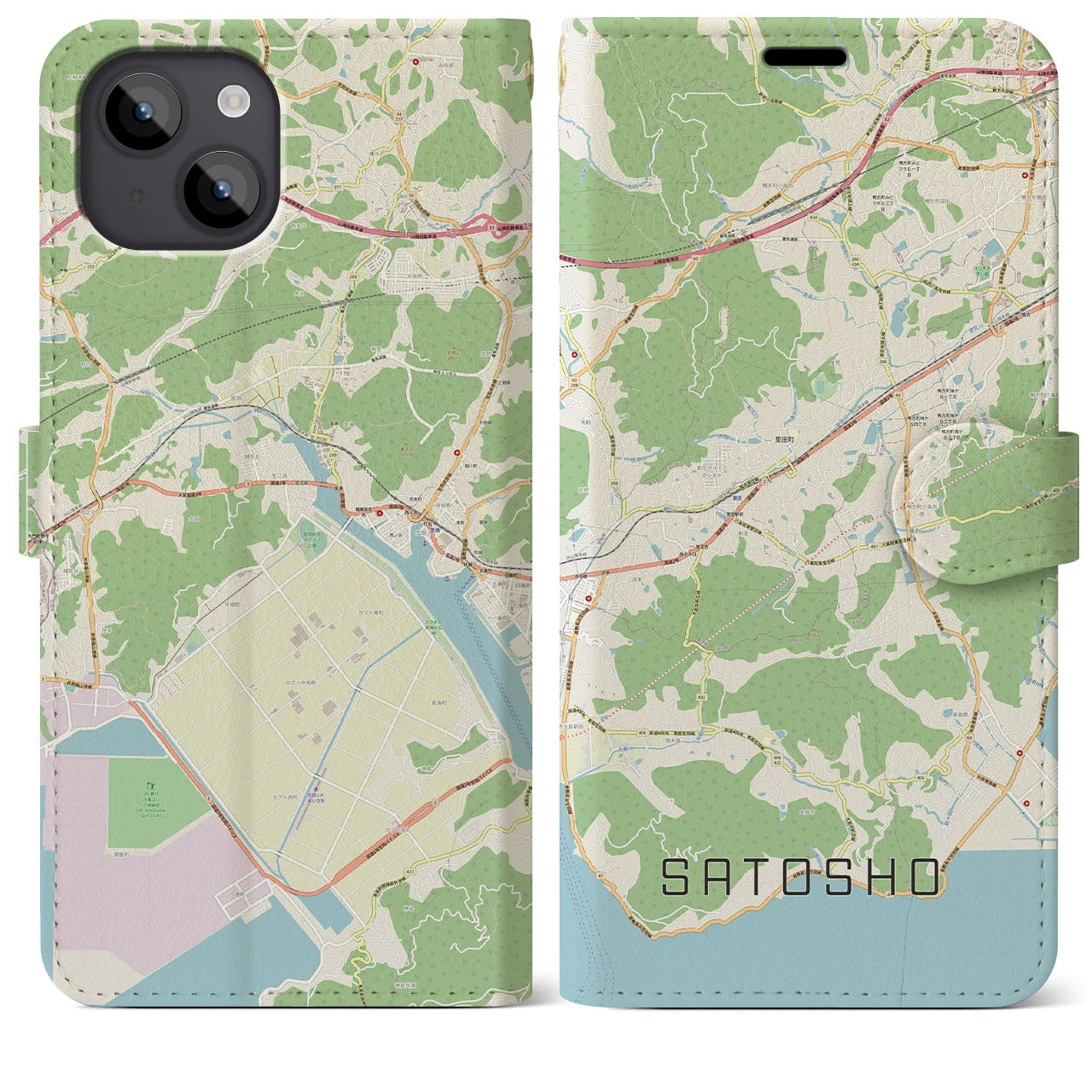 【里庄(岡山県)】地図柄iPhoneケース(手帳タイプ)ナチュラル・iPhone 14 Plus 用