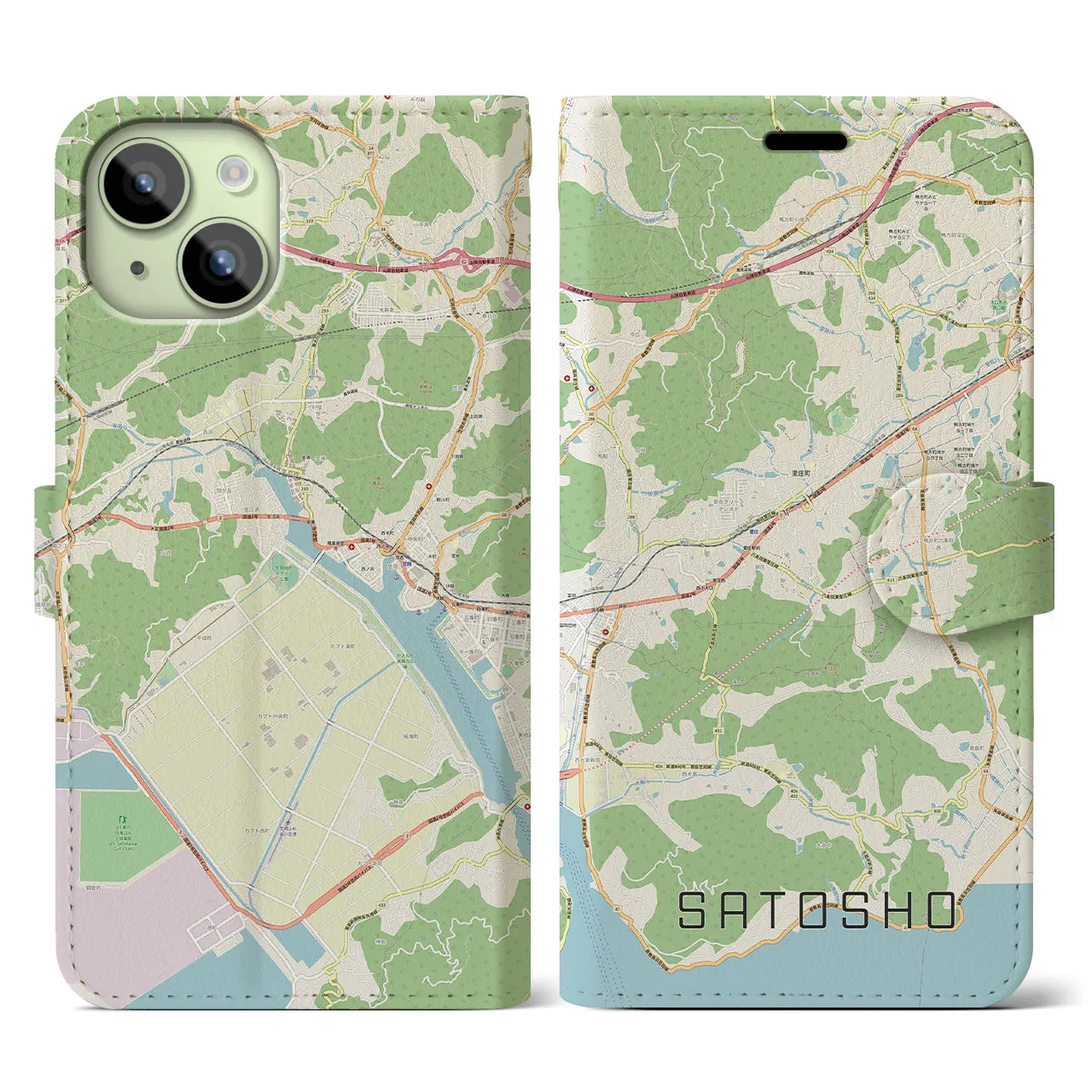 【里庄(岡山県)】地図柄iPhoneケース(手帳タイプ)ナチュラル・iPhone 15 用