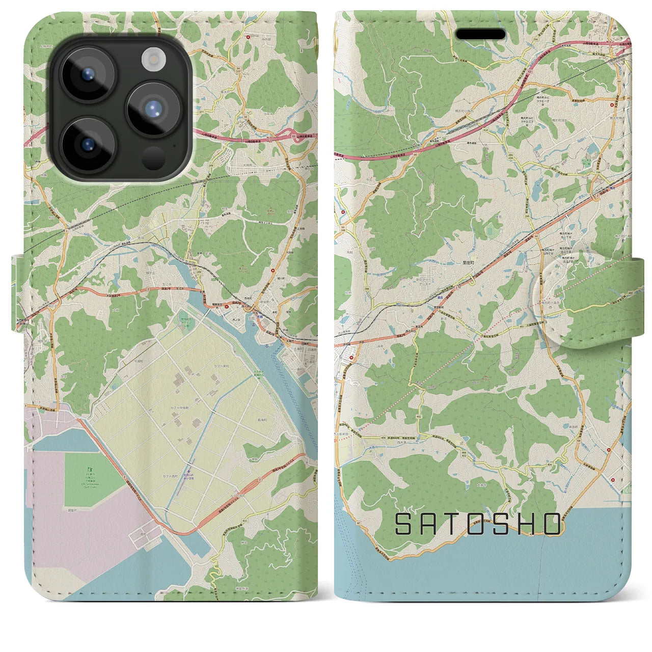 【里庄(岡山県)】地図柄iPhoneケース(手帳タイプ)ナチュラル・iPhone 15 Pro Max 用